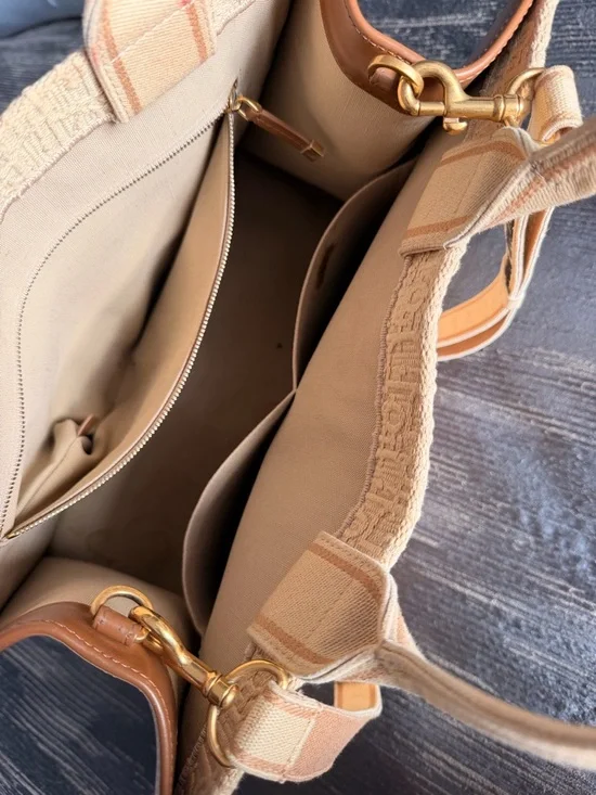 Dior Cream Canvas Book Tote with Tan Trim and Black Logo - Picture 7 of 8